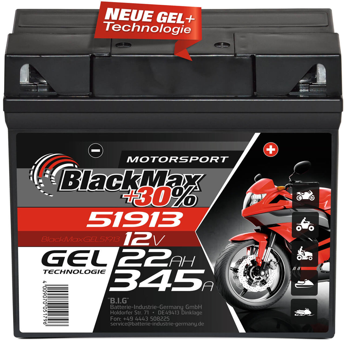 Motorradbatterie BlackMax Motorsport GEL 51913 12V 22Ah Front