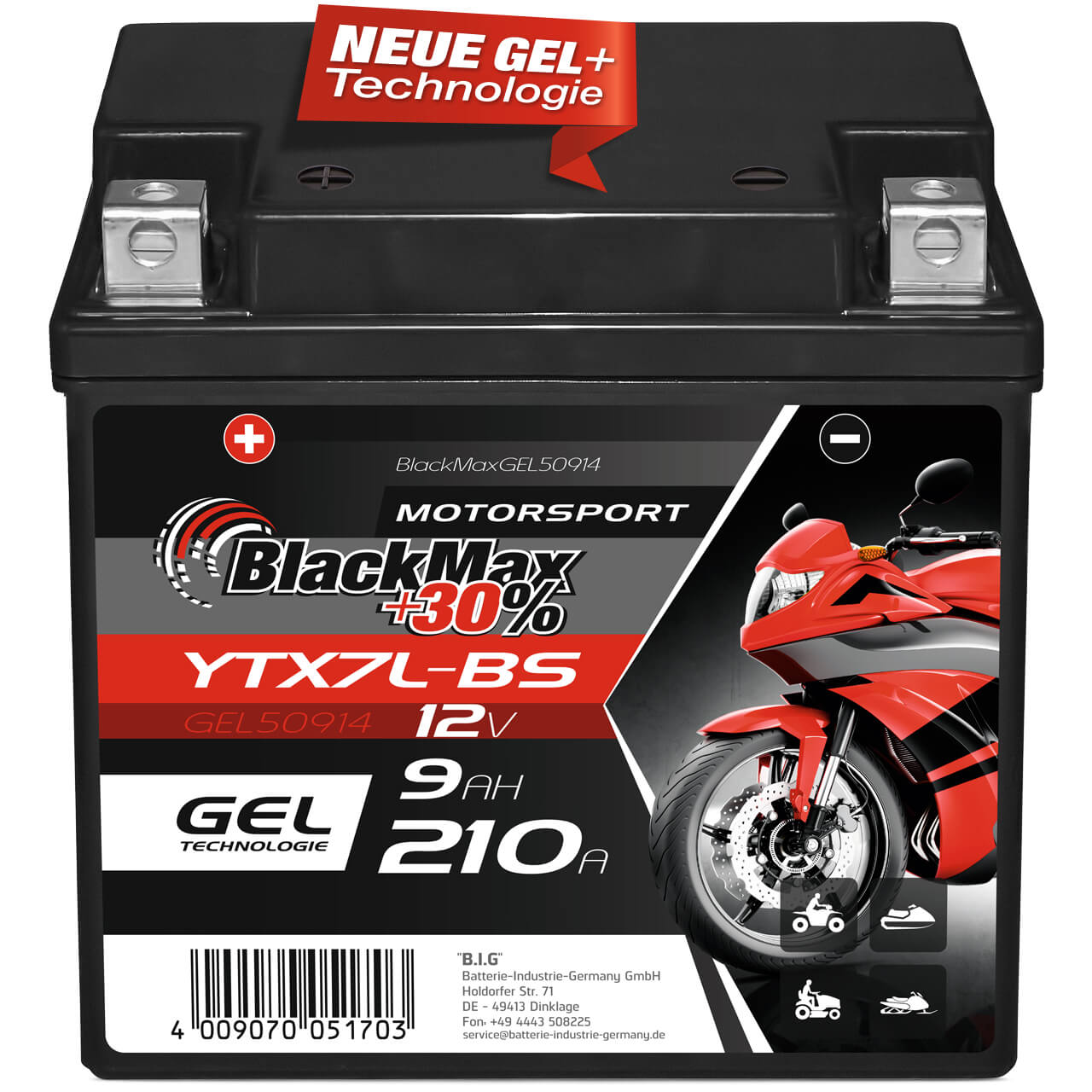 Motorradbatterie BlackMax Motorsport GEL YB9-B 50914 12V 9Ah Front