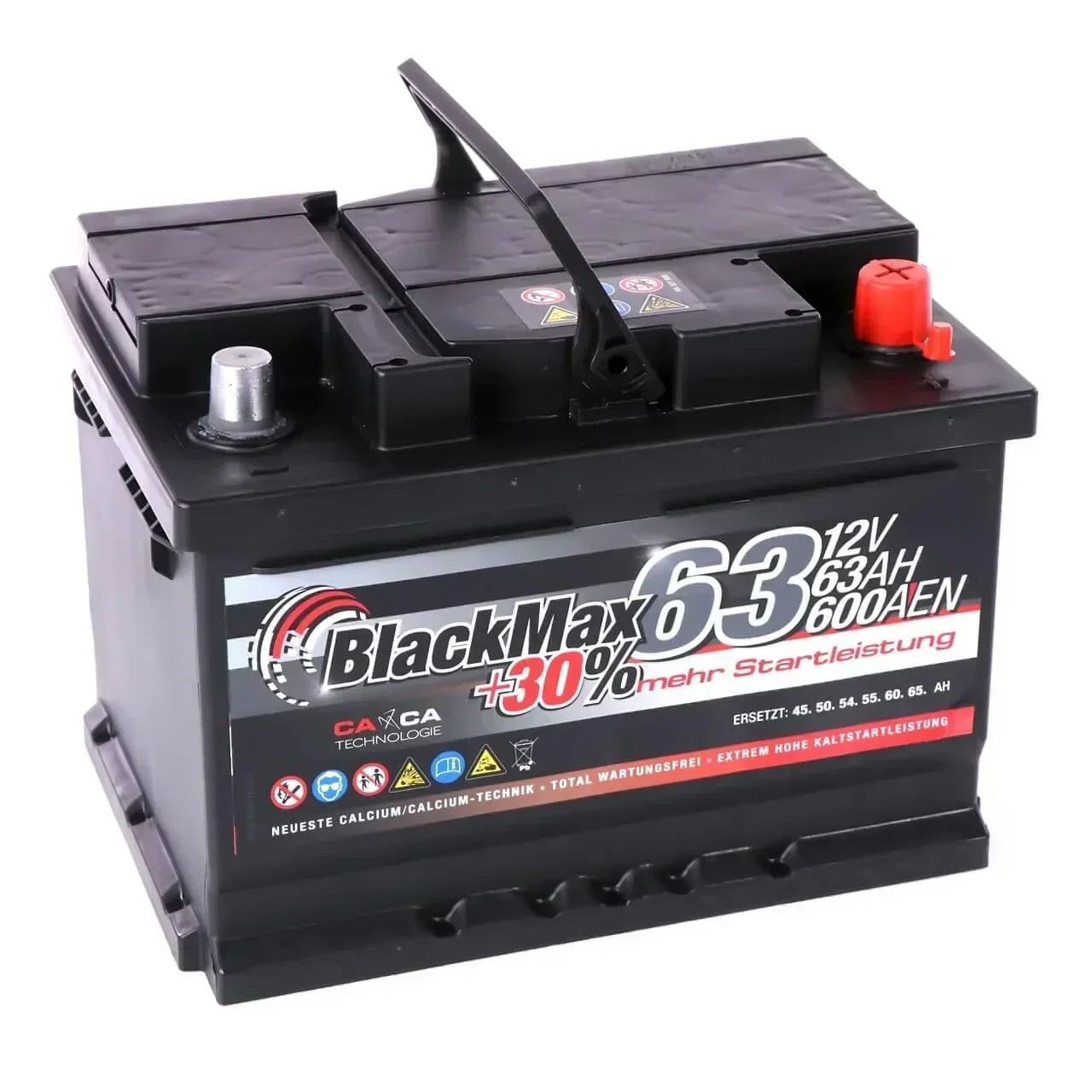 Autobatterie BlackMax 12V 63Ah Seite links