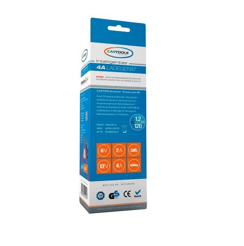 Auto und Motorrad Batterieladegerät Cartools Powerload 6V / 12V 4A Verpackung hinten