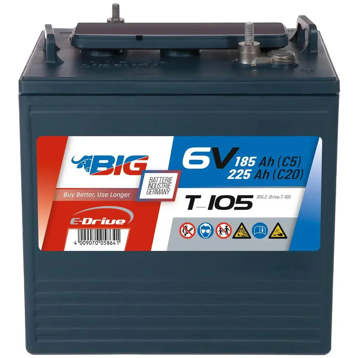 Traktionsbatterie für Reinigungsmaschinen Hebebuehnen Scherenlifte BIG E-Drive T-105 6V 225Ah Front