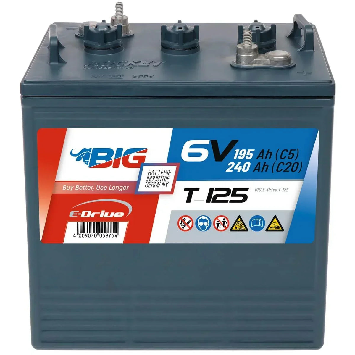 Traktionsbatterie für Reinigungsmaschinen Hebebuehnen Scherenlifte BIG E-Drive T-125 6V 240Ah Front