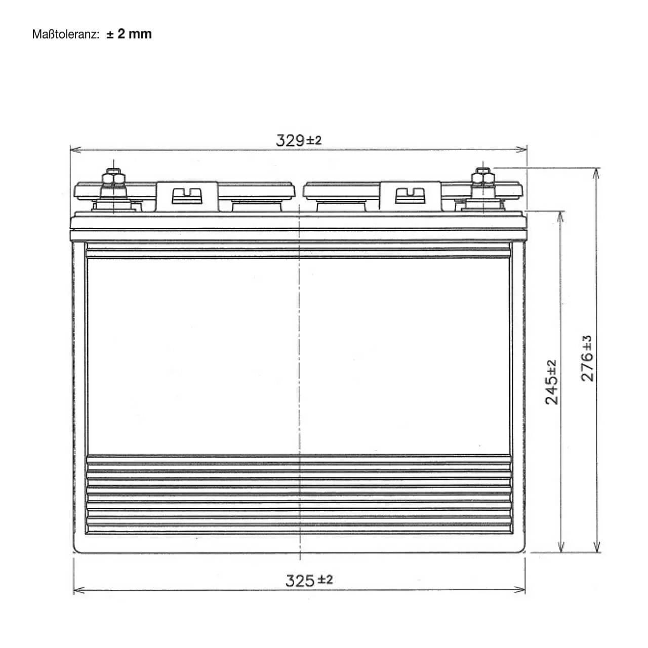 Traktionsbatterie für Reinigungsmaschinen Hebebuehnen Scherenlifte BIG E-Drive T-1275 12V 150Ah technische Zeichnung Front