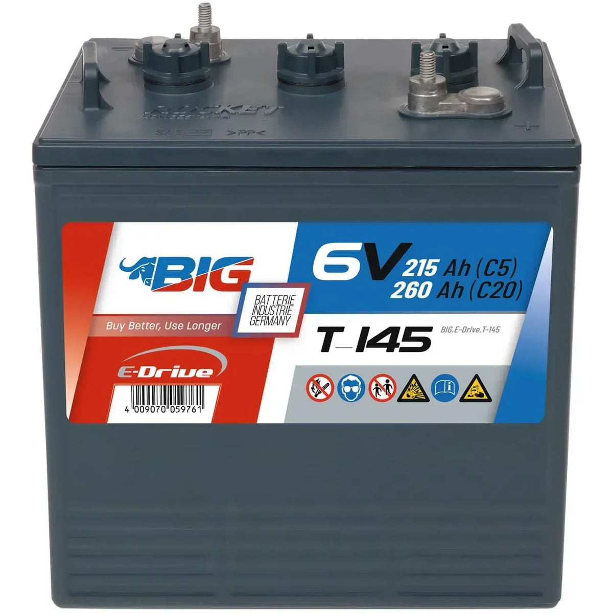 Traktionsbatterie für Reinigungsmaschinen Hebebuehnen Scherenlifte BIG E-Drive T-145 6V 260Ah Front