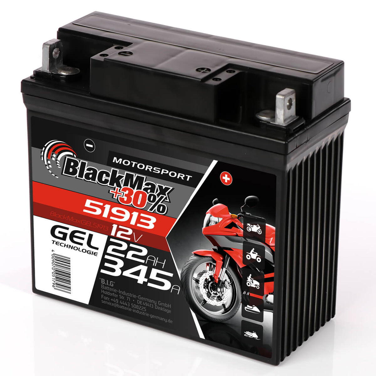 Motorradbatterie BlackMax Motorsport GEL 51913 12V 22Ah Seite rechts