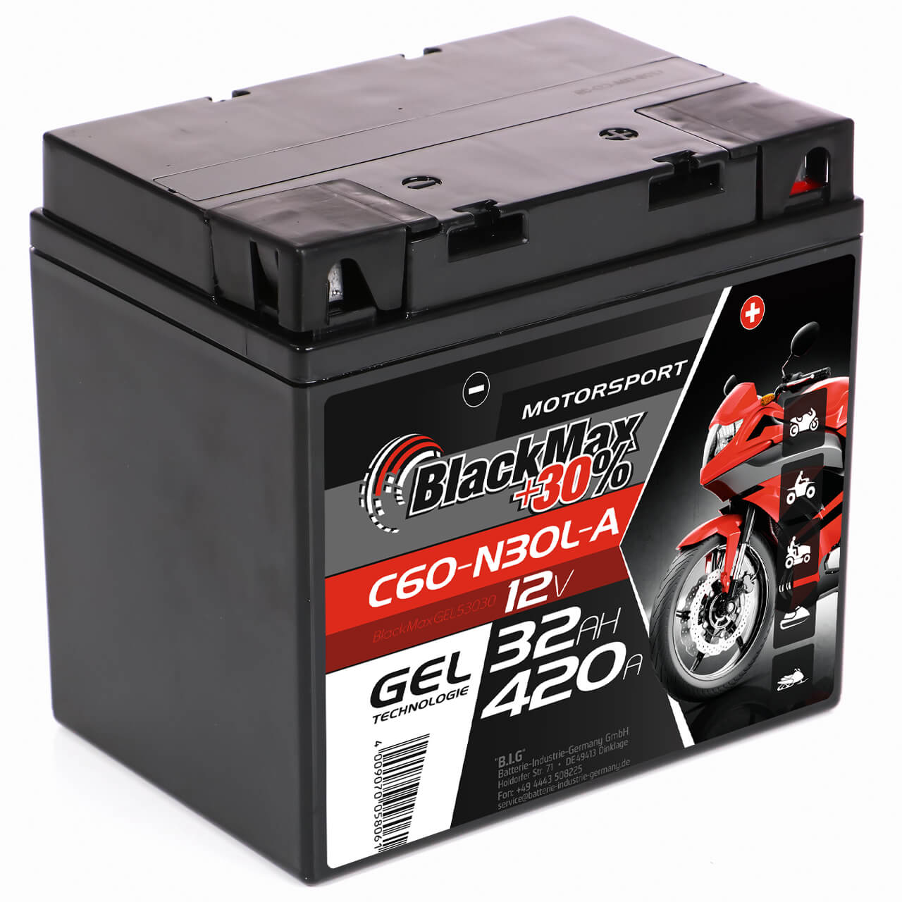 Motorradbatterie BlackMax Motorsport GEL 53030 12V 30Ah Seite links