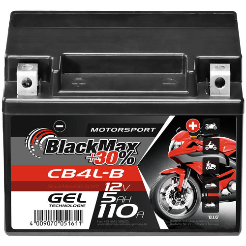 BlackMax +30% Motorsport YB4L-B 50411 GEL 12V 5Ah 110A/EN Motorradbatterie