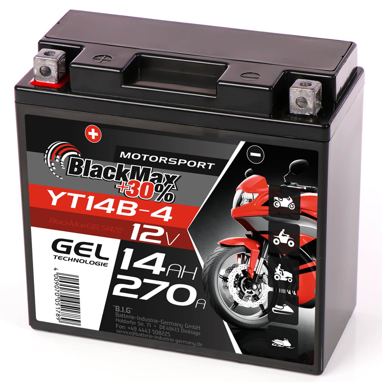 Motorradbatterie BlackMax Motorsport GEL YT14B-4 51422 12V 14Ah Seite rechts
