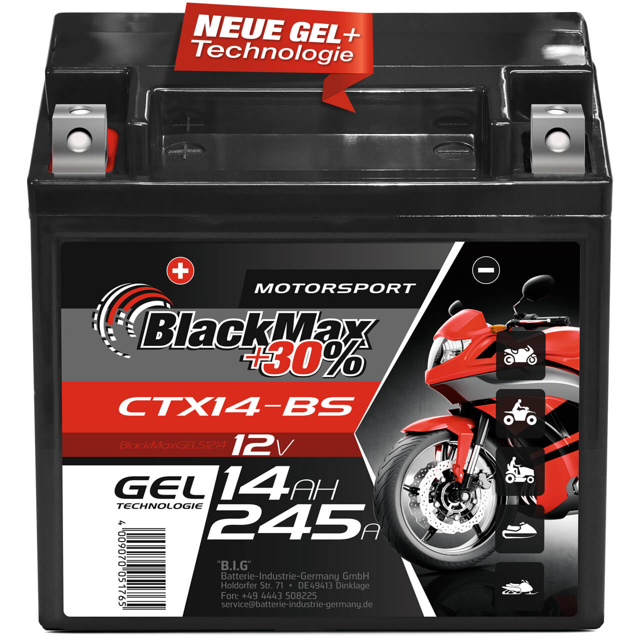 Motorradbatterie BlackMax Motorsport GEL YTX14-BS 51214 12V 14Ah Front