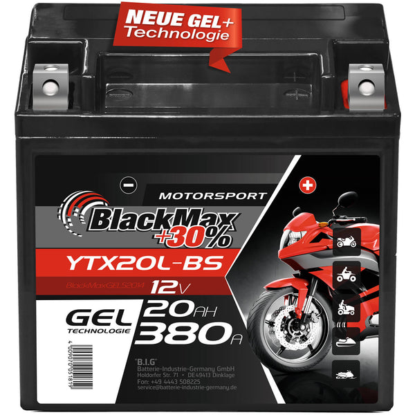 BlackMax +30% Motorsport YTX20L-BS 52014 GEL 12V 20Ah 380A/EN Motorradbatterie