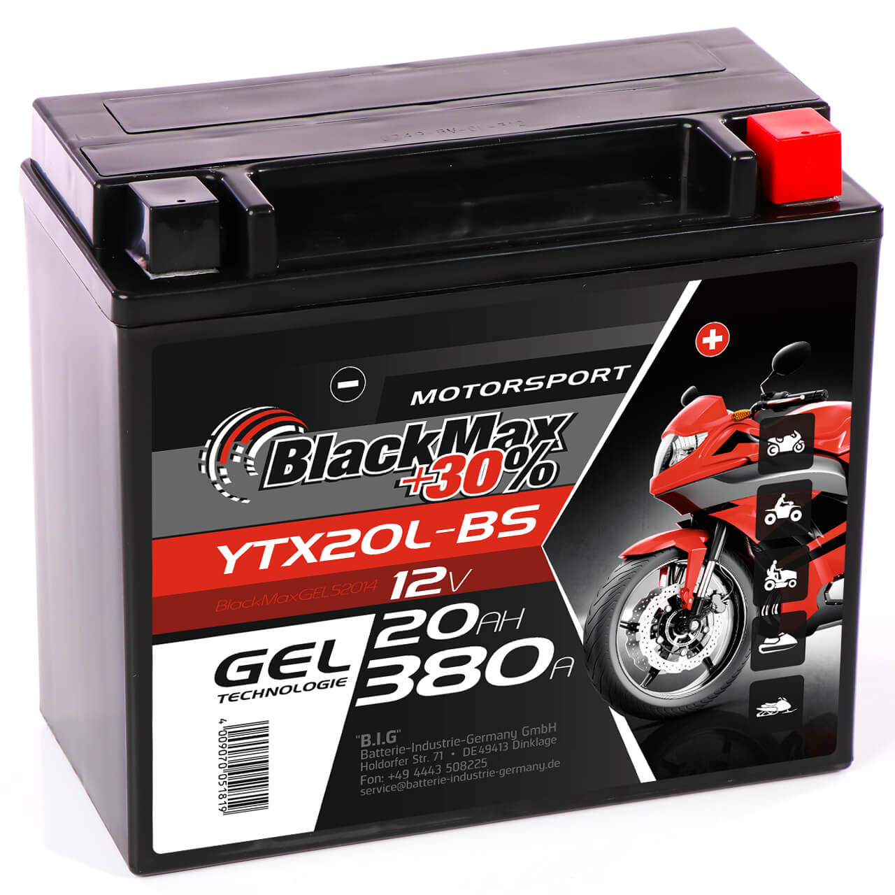 Motorradbatterie BlackMax Motorsport GEL YTX20L-BS 52014 12V 20Ah Seite links