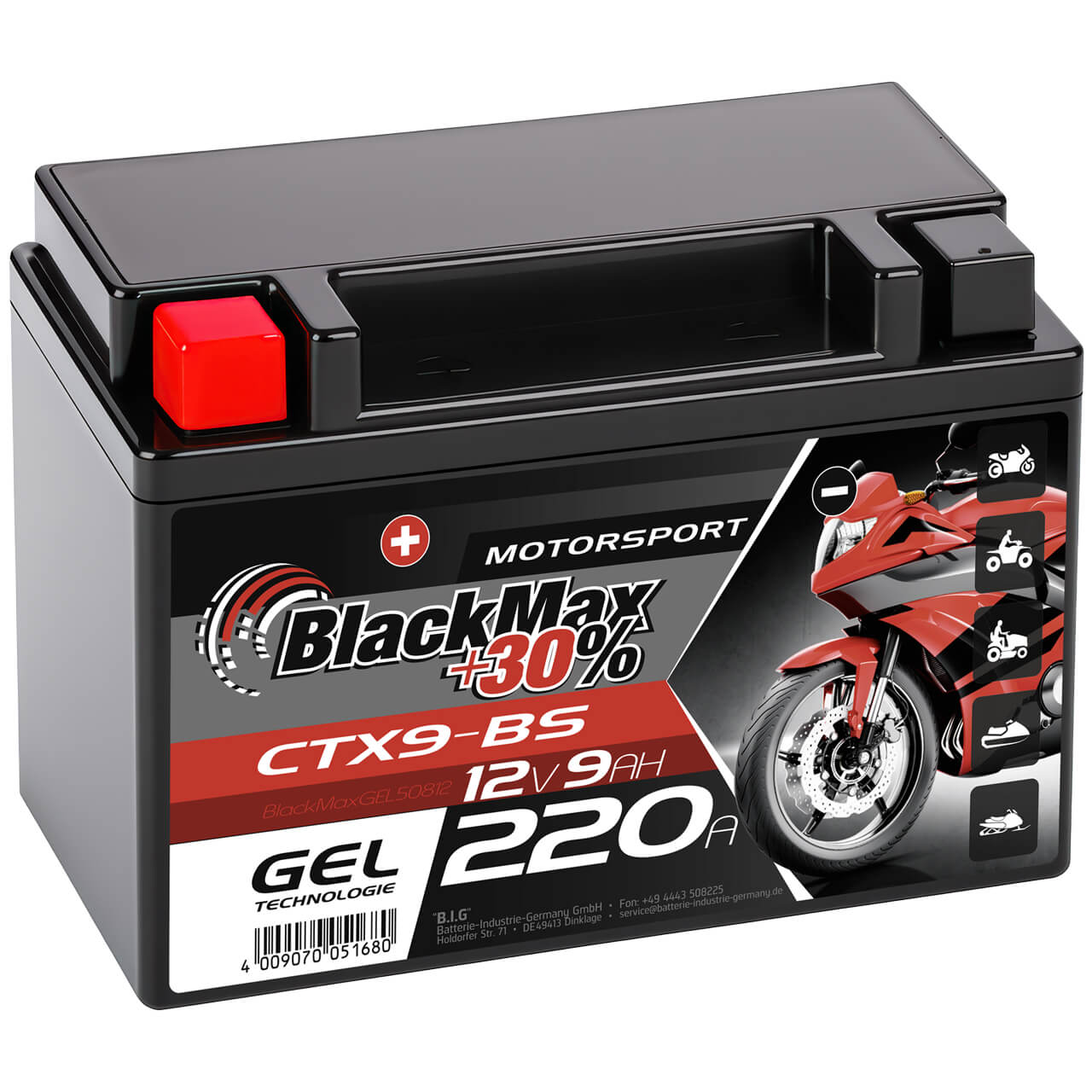 Motorradbatterie BlackMax Motorsport GEL YTX9-BS 50812 12V 9Ah Seite links
