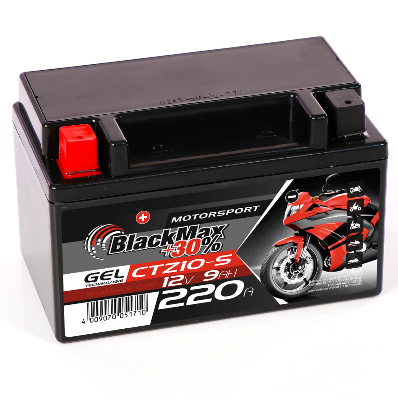 Motorradbatterie BlackMax Motorsport GEL YTZ10S 50922 12V 9Ah Seite links