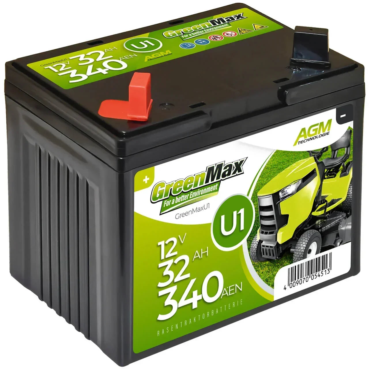 Rasentraktor Batterie GreenMax U1 12V 32Ah Seite links