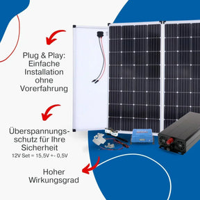 BIG Power Grid Solaranlage 12V 1500W Inverter + 2x 170W Panel Monokristallin + Victron Smart Solar MPPT 100/30