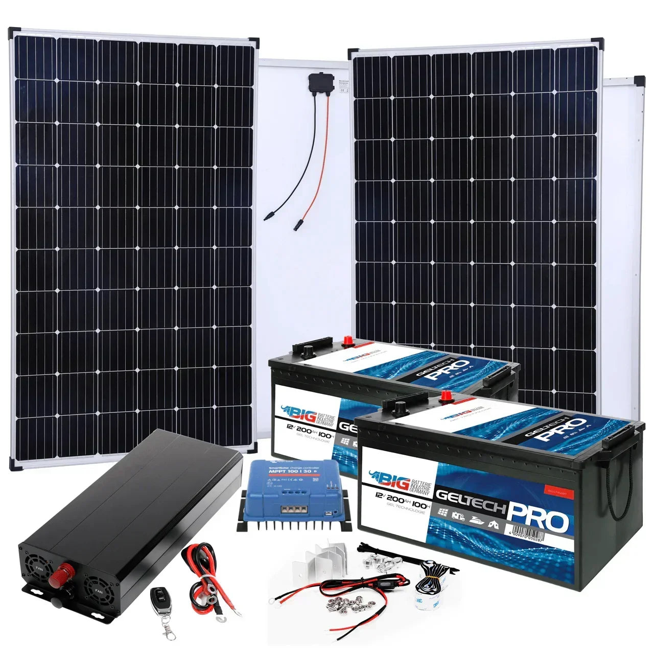 BIG Power Grid Solaranlage 24V 2000W Inverter + 2x 300W Panel Monokristallin + Victron Smart Solar MPPT 100/30