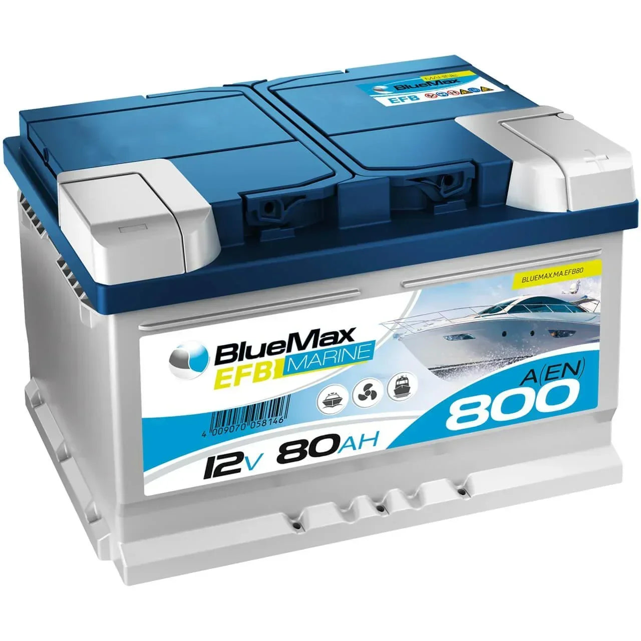 Starterbatterie BLUEMAX Marine EFB 12V 80Ah Seite links